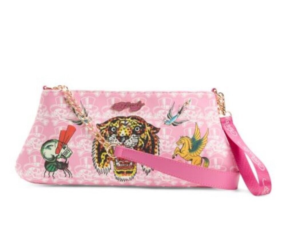 Ed Hardy Pink Rhinestone Leopard Wristlet Bag Skull Pattern